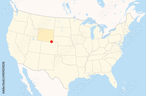 Location Map of the city Cheyenne in Wyoming, USA. The state is marked orange and the city is highlighted with a red dot. No labels at all.
