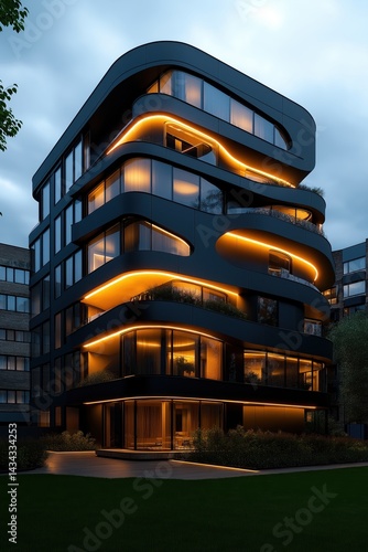 Obraz na płótnie Modern multistory apartment building with unique design and warm lighting in contemporary urban setting w salonie