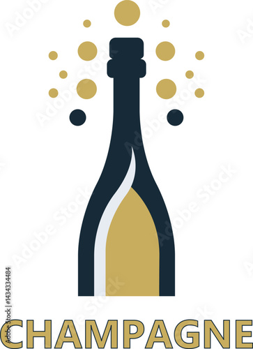 Champagne bottle logo with bubbles and gold accents