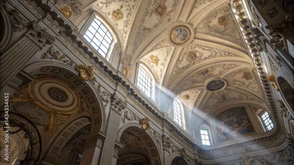 Obraz premium Ornate Church Interior Angled view of arches, sunlit ceiling, architectural, Baroque, ,golden details