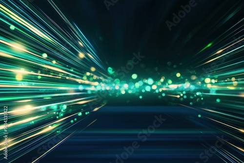 A vibrant abstract image featuring dynamic light trails in green and blue, creating a sense of speed and motion against a dark background.