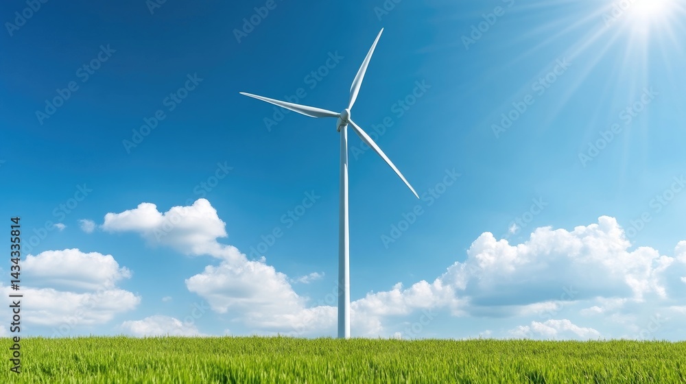 Fototapeta premium A modern wind turbine stands tall in a field of vibrant green grass under a vibrant blue sky dotted with fluffy white clouds. Sunlight shines brightly