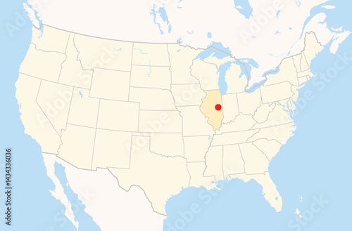 Location Map of the city Champaign in Illinois, USA. The state is marked orange and the city is highlighted with a red dot. No labels at all.