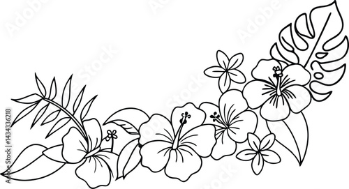 Exotic Tropical Floral Corner Design Black And White Line Art