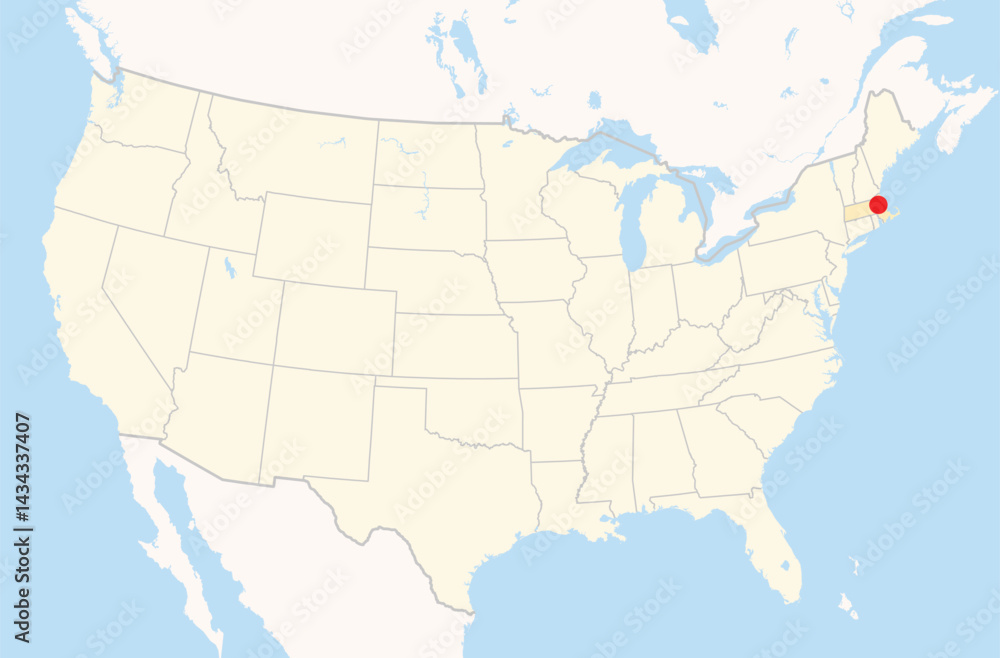 Fototapeta premium Location Map of the city Cambridge in Massachusetts, USA. The state is marked orange and the city is highlighted with a red dot. No labels at all.