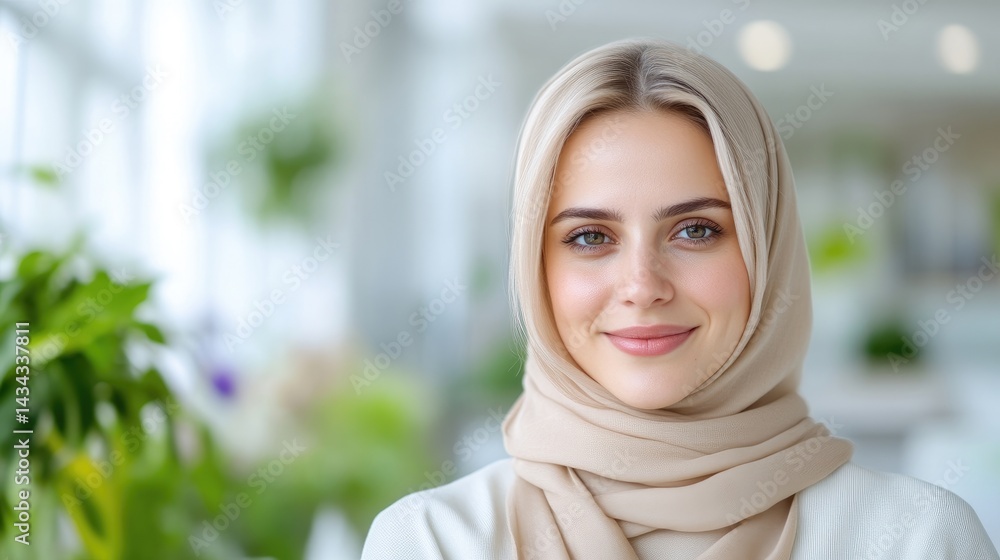 Woman in hijab, soft lighting, gentle portrait, high-definition image, close-up view, serene expression, peaceful office backdrop, warm neutral tones, ideal for corporate profile. Woman in hijab, soft lighting, gentle portrait, high-definition image, close-up view, serene expression, peaceful office backdrop, warm neutral tones, ideal for corporate profile.