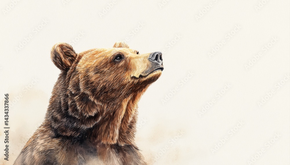 Fototapeta premium A detailed illustration of a bear looking up, showcasing its expressive features and the texture of its fur against a soft, neutral background.
