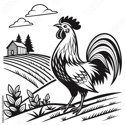 Rooster Illustration in a Farm Landscape with Barn and Trees

