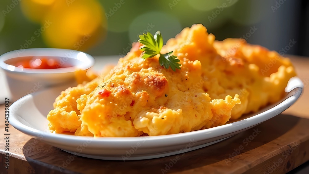 Crispy chicken and gravy on a veranda table on a summer day. Chicken and cheese in breading. Summer country picnic Crispy chicken and gravy on a veranda table on a summer day. Chicken and cheese in breading. Summer country picnic