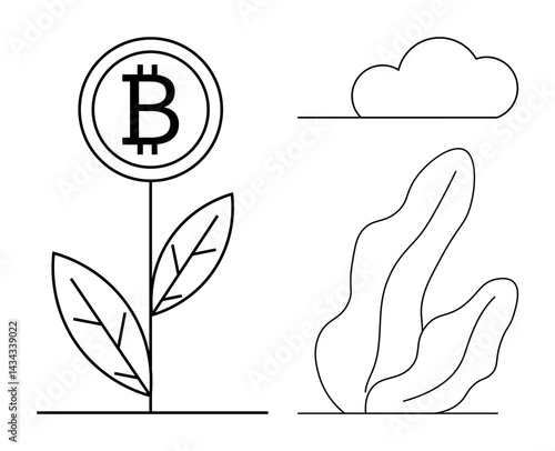 Bitcoin coin as a flower with leaves, abstract plant, and simple cloud. Ideal for cryptocurrency, investment, finance, blockchain, growth, sustainability minimalism simple landing page