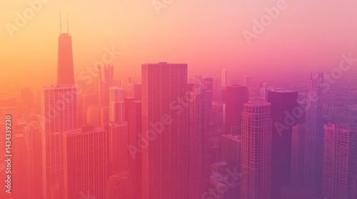 Cityscape sunset, hazy skyline, urban panorama, aerial view, website banner