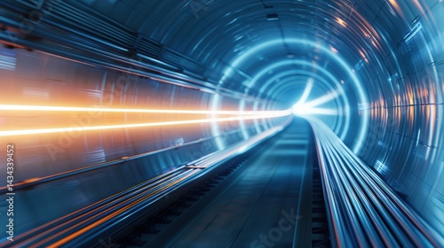 A futuristic tunnel with illuminated tracks leading towards a bright light, creating a sense of speed and motion.