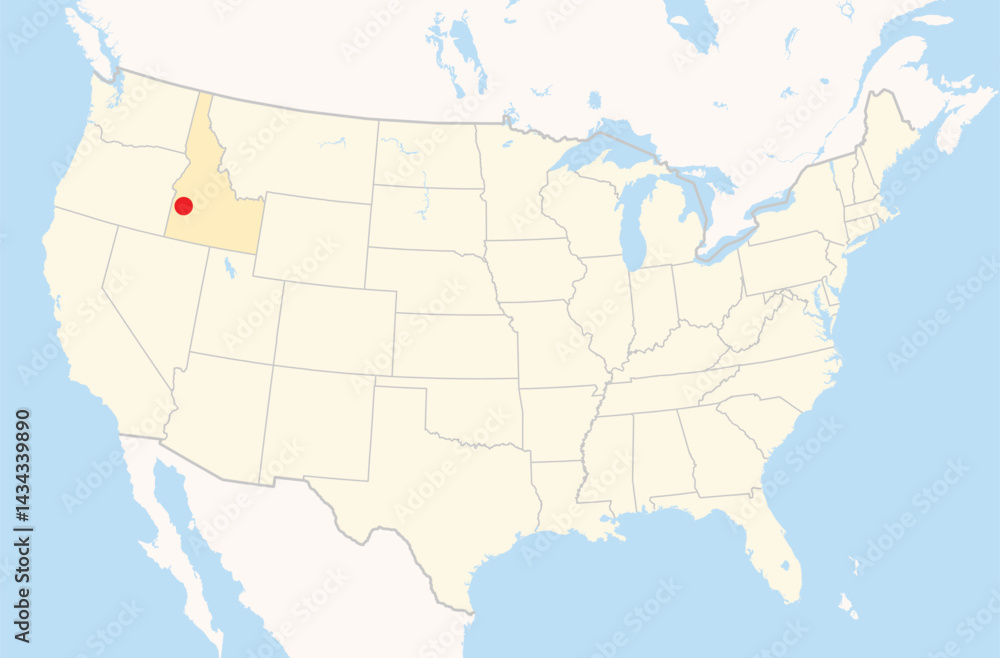 Obraz premium Location Map of the city Boise City in Idaho, USA. The state is marked orange and the city is highlighted with a red dot. No labels at all.