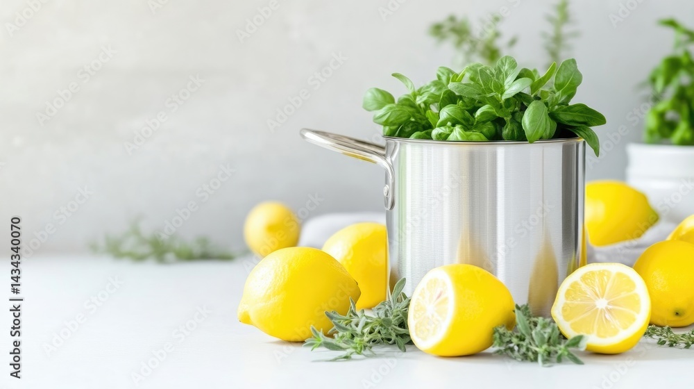 Fototapeta premium Fresh herbs and lemons on a kitchen counter