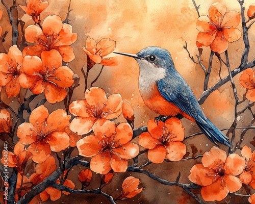 Vibrant watercolor painting of a blue bird perched among blooming orange flowers