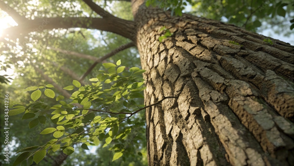 Fototapeta premium Sunlit Canopy Low Angle Tree Trunk and Young Leaves