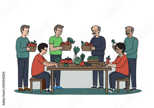 Diverse group gathers around a table laden with fresh vegetables. A warm, inviting scene depicting community, healthy eating, and shared harvest. Flat vector illustration.