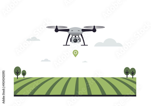 Drone surveys a green field. Aerial view shows agricultural land with trees. Ideal for concepts of farming, technology, and rural landscapes.