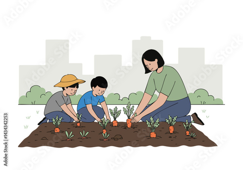 A mother and child happily harvest carrots in a garden bed. A bright, cheerful scene depicting family gardening and healthy eating. Simple, flat illustration style.