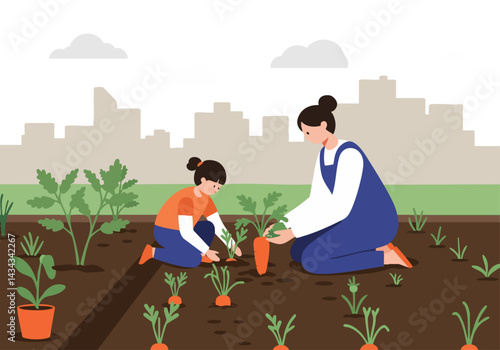 Mother and daughter happily harvest carrots in a vibrant garden. A heartwarming scene of family bonding and healthy living, perfect for lifestyle content.