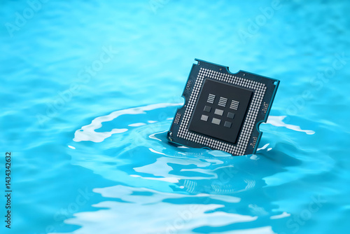 Computer Processor Submerged in Water with Ripples on a Bright Blue Surface Symbolizing Hardware Exposure, Cooling Concepts, or Tech Fragility