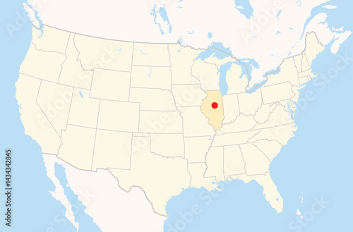 Location Map of the city Bloomington in Illinois, USA. The state is marked orange and the city is highlighted with a red dot. No labels at all.