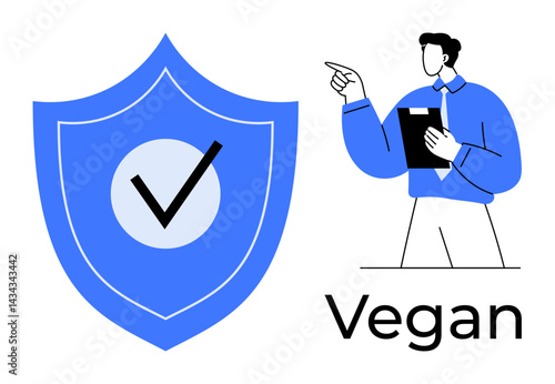 Man holding clipboard points confidently beside shield with checkmark, emphasizing vegan certification or lifestyle. Ideal for certification, health, ethics, sustainability, food safety, branding