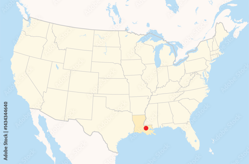 Obraz premium Location Map of the city Baton Rouge in Louisiana, USA. The state is marked orange and the city is highlighted with a red dot. No labels at all.