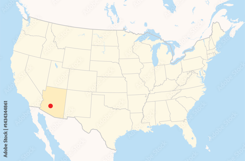 Obraz premium Location Map of the city Avondale in Arizona, USA. The state is marked orange and the city is highlighted with a red dot. No labels at all.