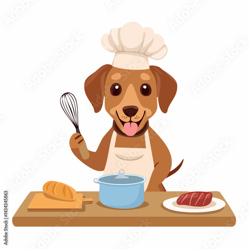 funny dog cartoon cooking in kitchen , animal chef baking and preparing food 