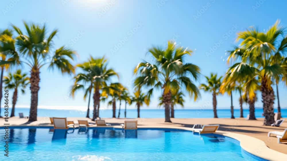 Infinity pool lined with slender palm trees stretching towards calm ocean horizon under cloudless blue sky, concept of tropical serenity and luxury retreat Infinity pool lined with slender palm trees stretching towards calm ocean horizon under cloudless blue sky, concept of tropical serenity and luxury retreat