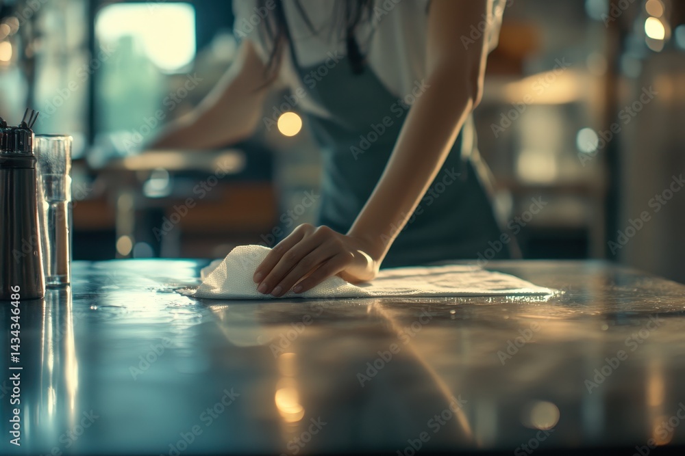 Obraz premium A woman cleans a restaurant table with a wet wipe