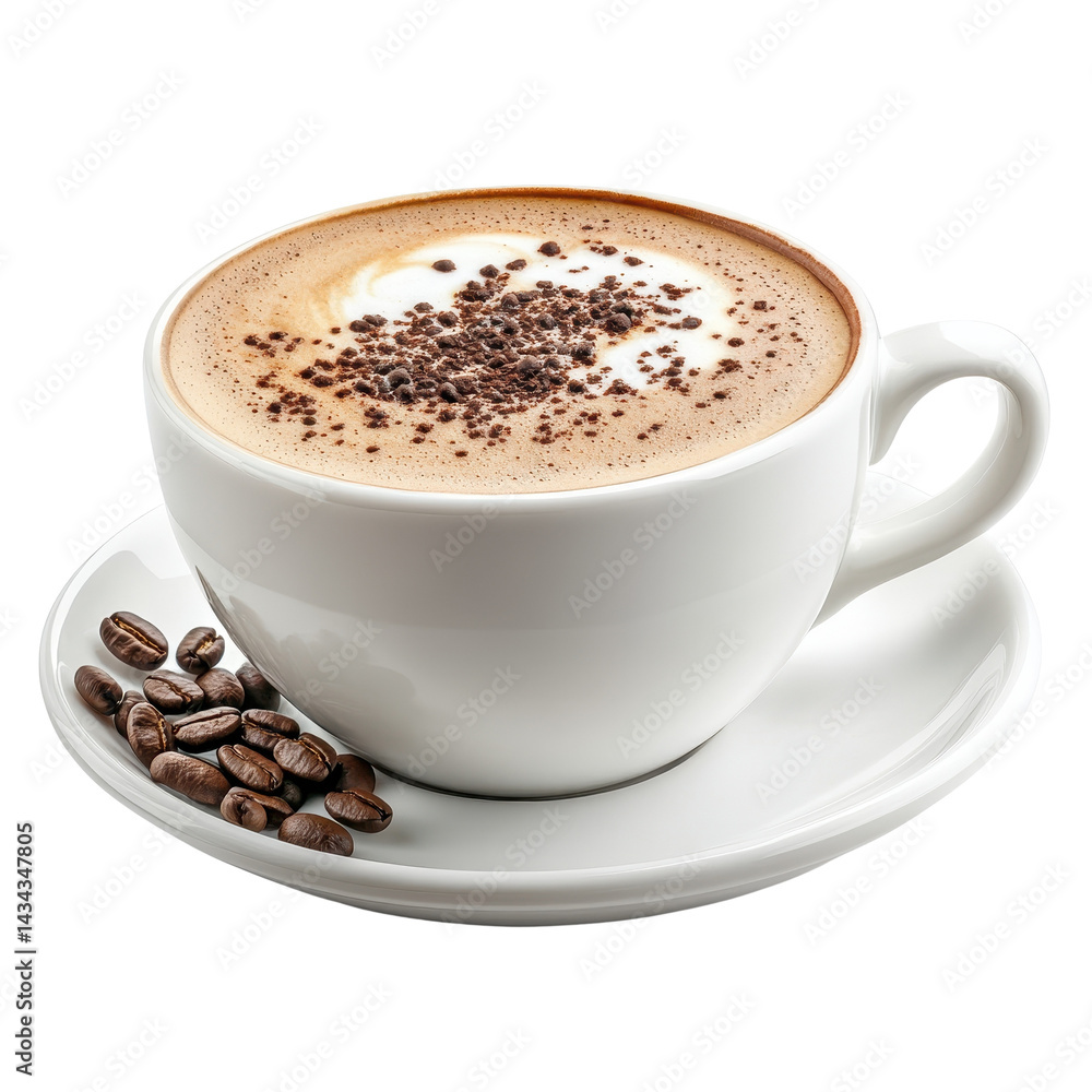Hot Cappuccino with milk foam in white cup Isolated on white transparent background Hot Cappuccino with milk foam in white cup Isolated on white transparent background