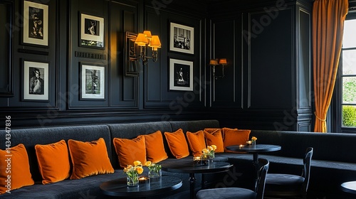 Luxurious dark lounge with orange accents, framed photos, and a view