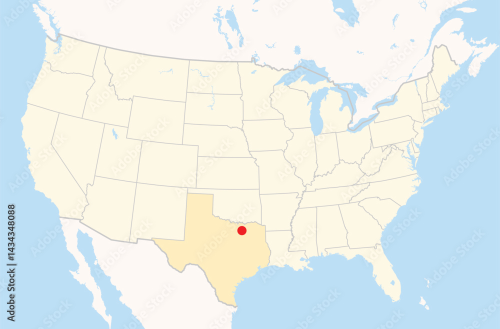 Fototapeta premium Location Map of the city Allen in Texas, USA. The state is marked orange and the city is highlighted with a red dot. No labels at all.