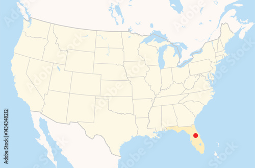 Location Map of the city Apopka in Florida, USA. The state is marked orange and the city is highlighted with a red dot. No labels at all.