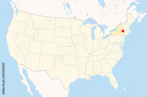 Location Map of the city Albany in New York, USA. The state is marked orange and the city is highlighted with a red dot. No labels at all.