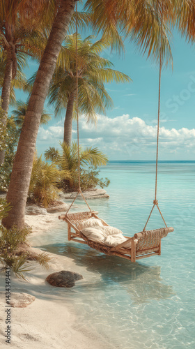 Tranquil beach scene depicts a woven hammock swing hanging between palm trees  gently swaying over the crystal clear turquoise ocean water on a sunny day.