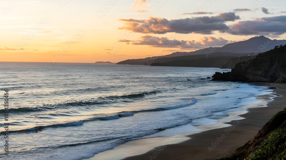 Obraz premium sunset over the beach waves in the water.