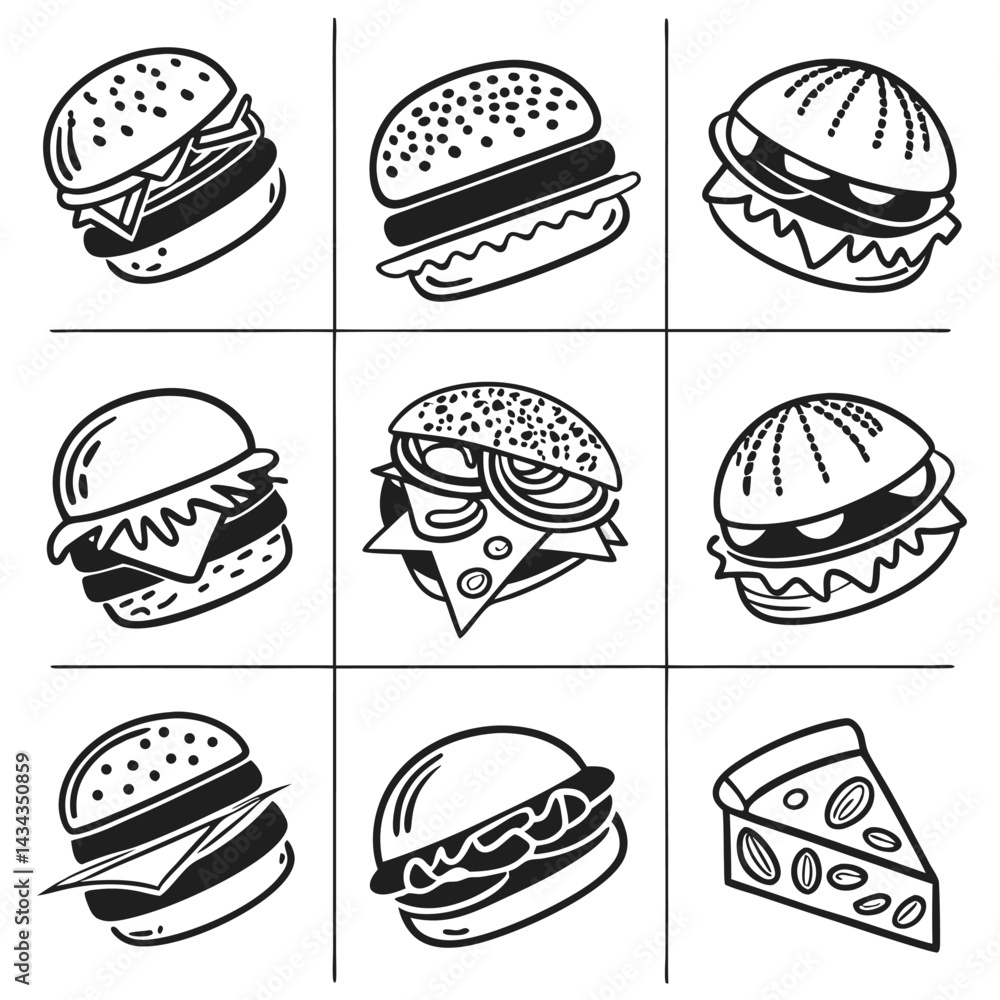 Nine Delicious Burger and Cheese Slice Illustrations Nine Delicious Burger and Cheese Slice Illustrations