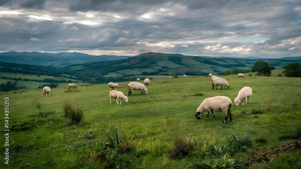 Fototapeta premium herd of sheep on the meadow eating grass.