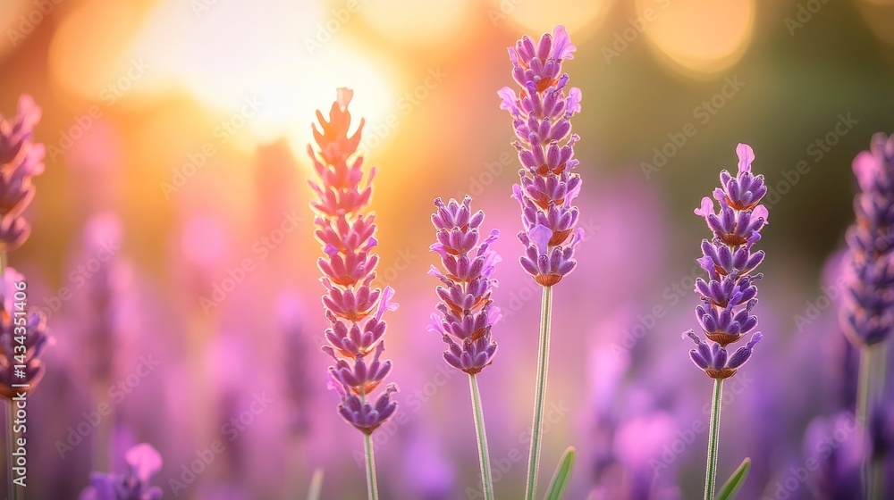 A close-up view of lavender flowers in a pastel field during sunset, with soft light creating a serene atmosphere A close-up view of lavender flowers in a pastel field during sunset, with soft light creating a serene atmosphere