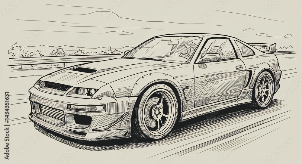 Fototapeta premium line art drawing of car for children coloring books illustration vector design digital 