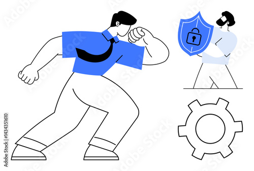 Businessman in a tie challenges professional holding shield with a lock icon, symbolizing cybersecurity. Large gear signifies technology and processes. Ideal for problem-solving, cybersecurity