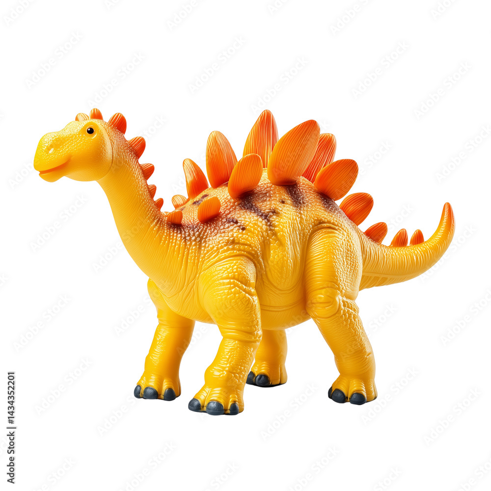Fototapeta premium Yellow toy dinosaur with orange spikes isolated on white background