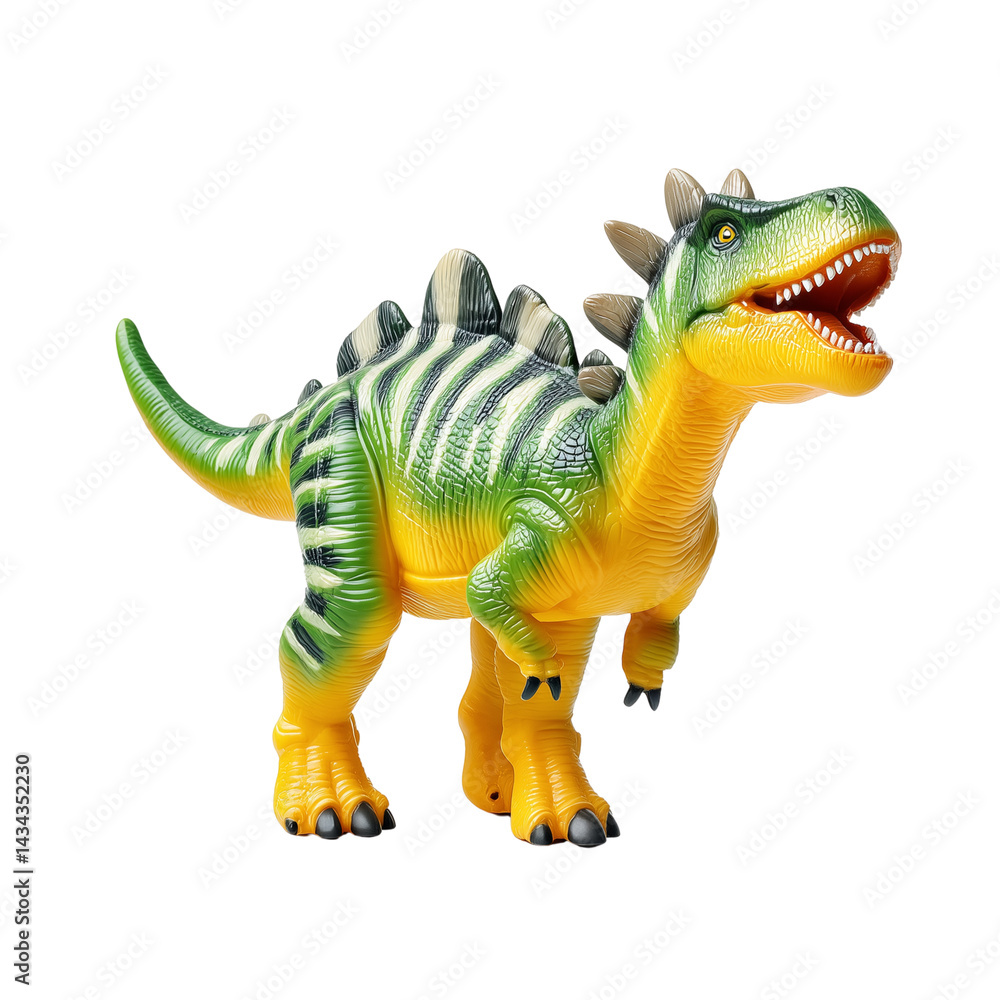 Fototapeta premium Green and yellow toy dinosaur with open mouth isolated on white background