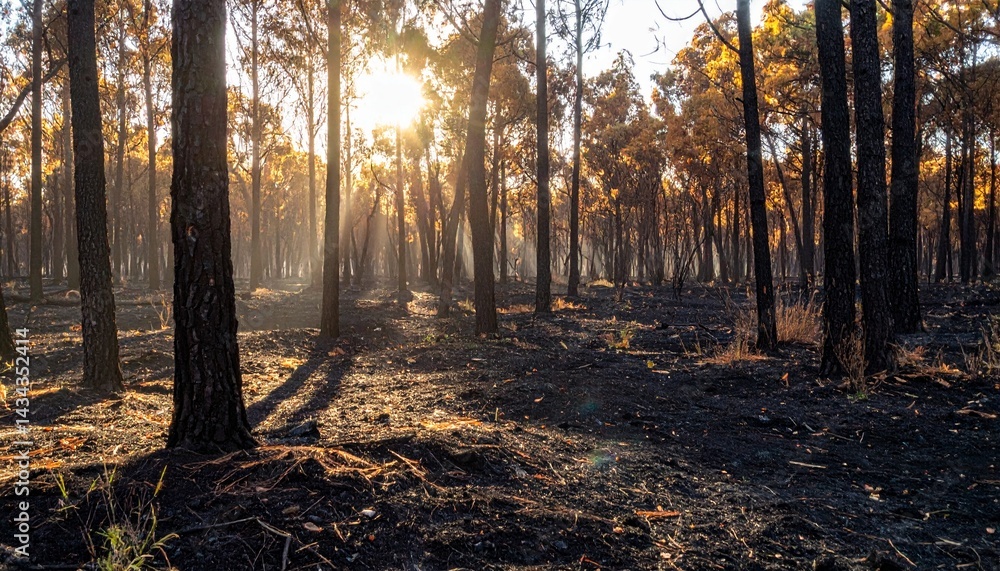 Fototapeta premium Charred forest landscape just after a wildfire in the morning