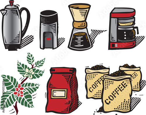 Coffee makers and bags woodcut illustration