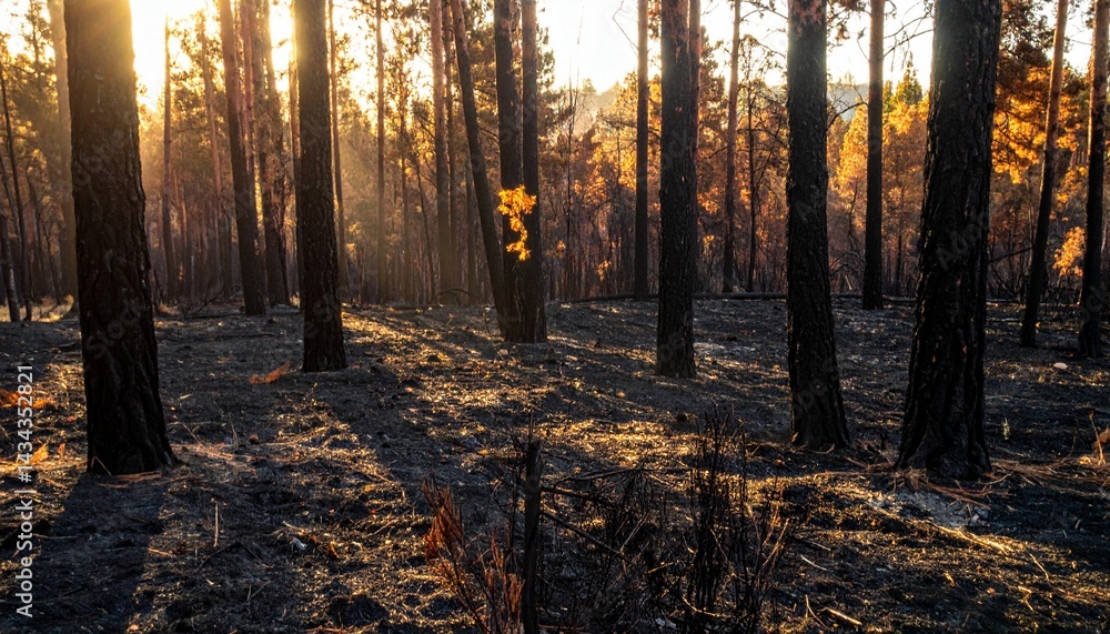 Obraz premium Charred forest landscape just after a wildfire in the morning