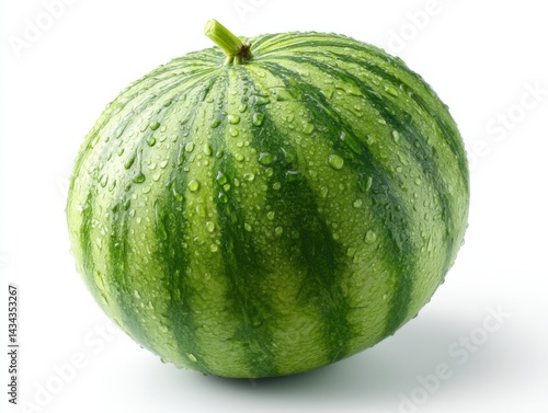 Fresh ripe watermelon with droplets of water shining in sunlight on a white background